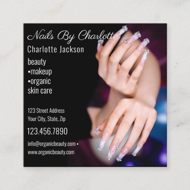 Carte De Visite Carré Chic Parties scintillant Glam Nail Art Manicure Sa (Devant)
