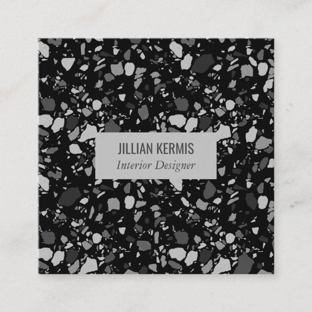 Carte De Visite Carré Chic terrazzo élégant noir en niveaux de gris (Devant)