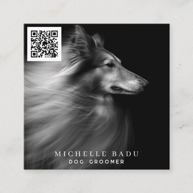 Carte De Visite Carré Chien Groomer QR Code Social Media (Devant)