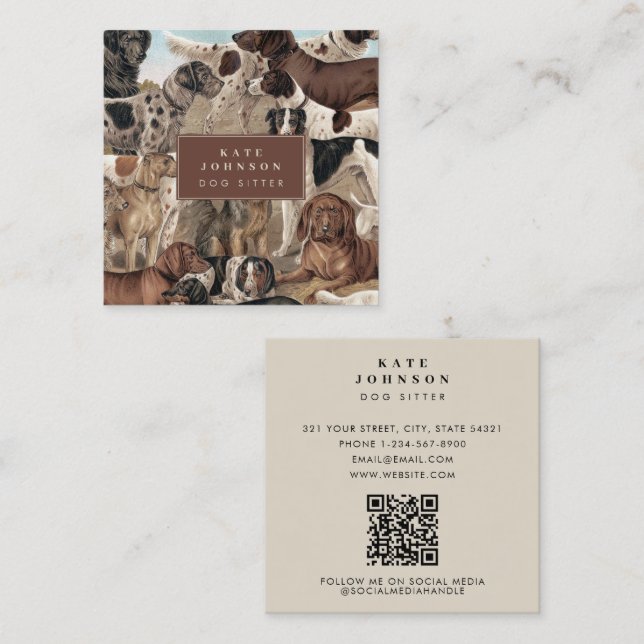 Carte De Visite Carré Chien Sitter Trainer Animal Care Chiens QR Code (Devant / Derrière)