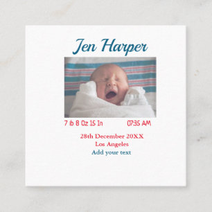 Carte De Visite Carré Chiffres de naissance bébé ajouter nom lieu date d