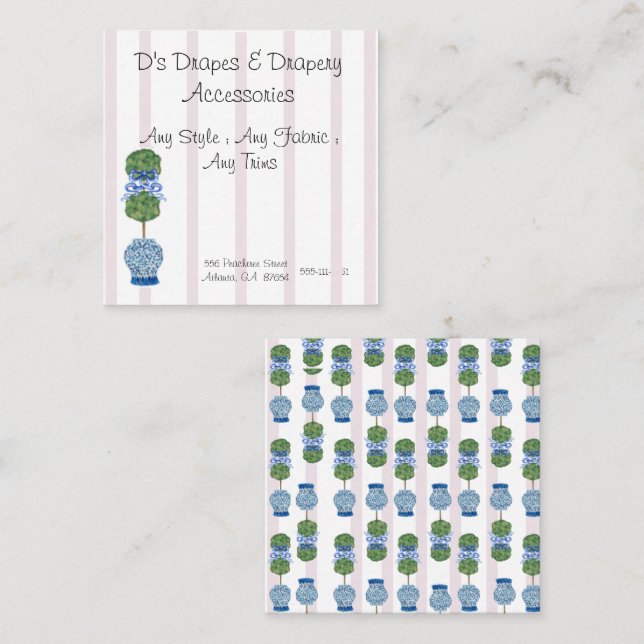 Carte De Visite Carré Chinoiserie rose Ginger Jar Jars Topiary (Devant / Derrière)