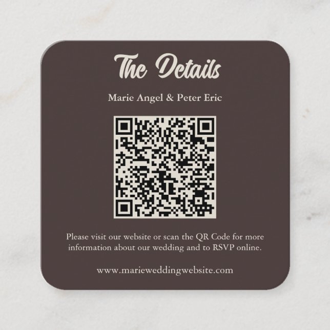 Carte De Visite Carré Chocolate Brown Monogram QR Code Wedding Details  (Devant)