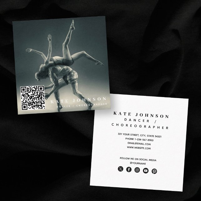 Carte De Visite Carré Chorégraphe danseuse Photo QR Code Médias sociaux (Dancer Choreographer Photo QR Code Social Media Square Business Card)