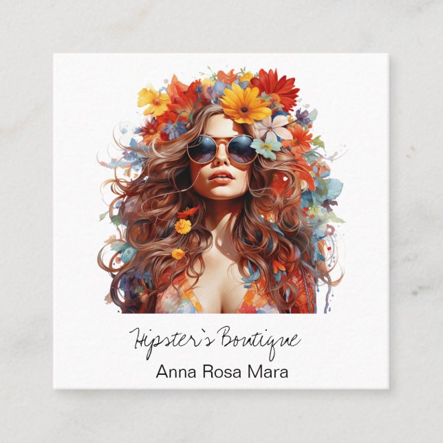Carte De Visite Carré *~* CHUTE AP57 QR Fleurs Boho Cheveux Hippie Dame (Devant)