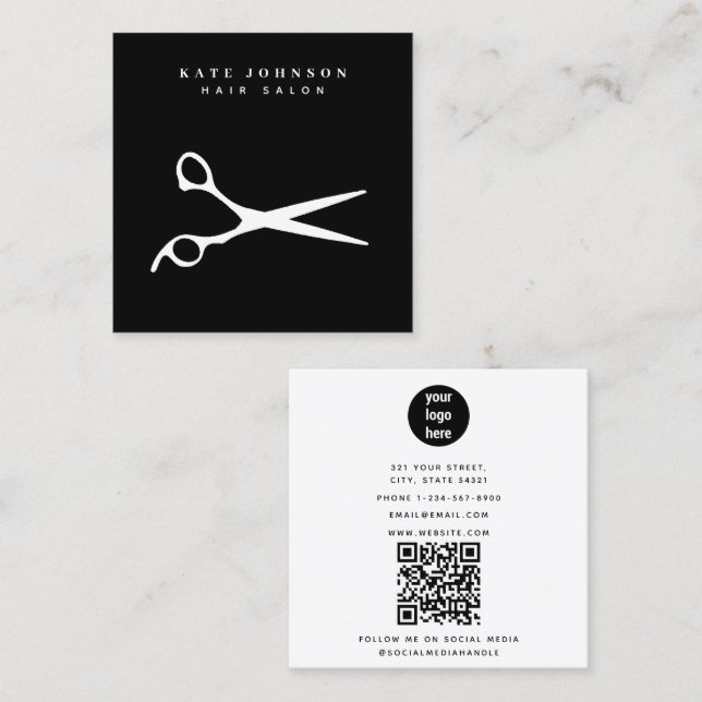 Carte De Visite Carré Ciseaux à cheveux Barber QR Code Code Business Log (Devant / Derrière)