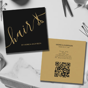 Carte De Visite Carré Ciseaux de luxe à code QR avec lame en or noir à é
