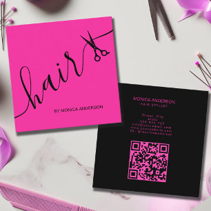 Carte De Visite Carré Ciseaux de styliste de script de cheveux rose chau