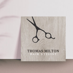 Carte De Visite Carré Ciseaux noirs en bois élégants modernes pour coiff