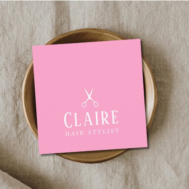 Carte De Visite Carré Ciseaux Rose Blanc Élégant Minimaliste Coiffeur (Créateur téléchargé)