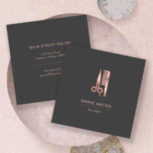 Carte De Visite Carré Ciseaux Rose Gold Chic Coiffeur Peigne Gris