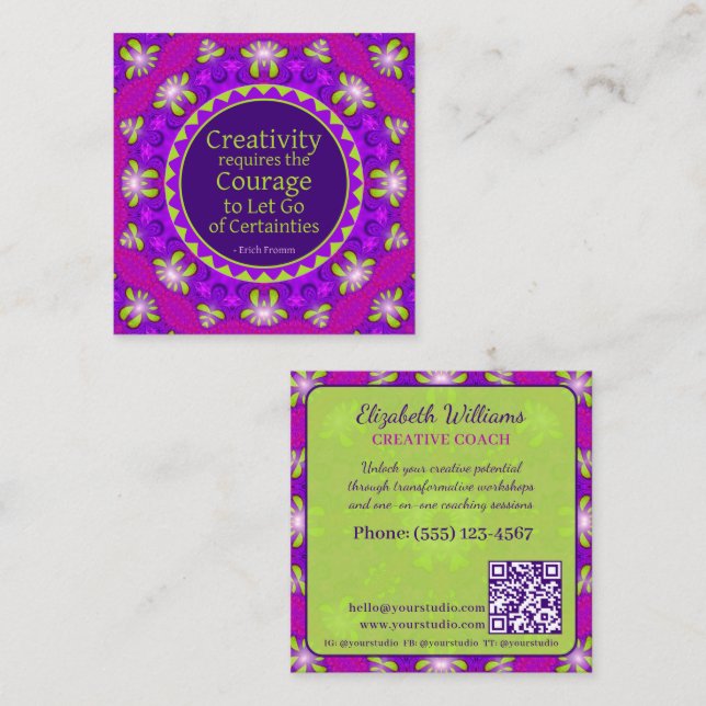 Carte De Visite Carré Citation de courage créatif Code QR de coach créat (Devant / Derrière)