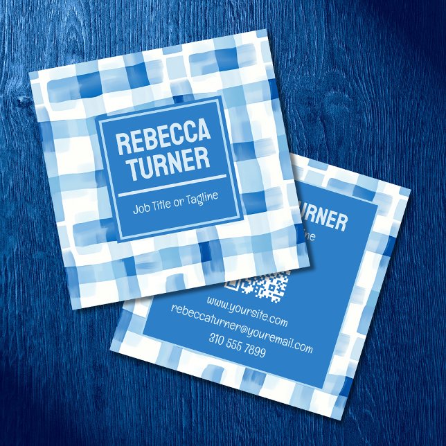Carte De Visite Carré Classic Blue and White Gingham Checkered , QR Code (Créateur téléchargé)
