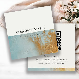 Carte De Visite Carré Classy Aqua Blue Gold Paint Texture QR Code
