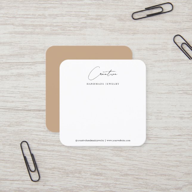 Carte De Visite Carré Classy Beige Handwritten Script Jewelry Display (Devant/Arrière en situation)