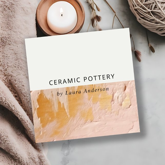 Carte De Visite Carré Classy Bush Pink Gold Paint Texture QR Code (Créateur téléchargé)