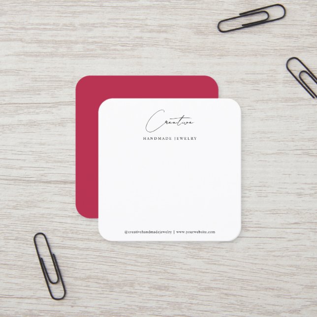Carte De Visite Carré Classy Magenta Handwritten Script Jewelry Display (Devant/Arrière en situation)