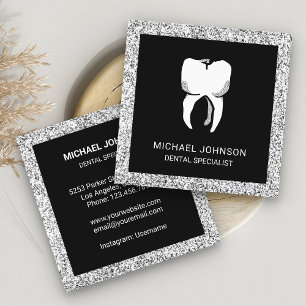 Carte De Visite Carré Clinique Dentaire Black Silver Glitter Tooth Denti