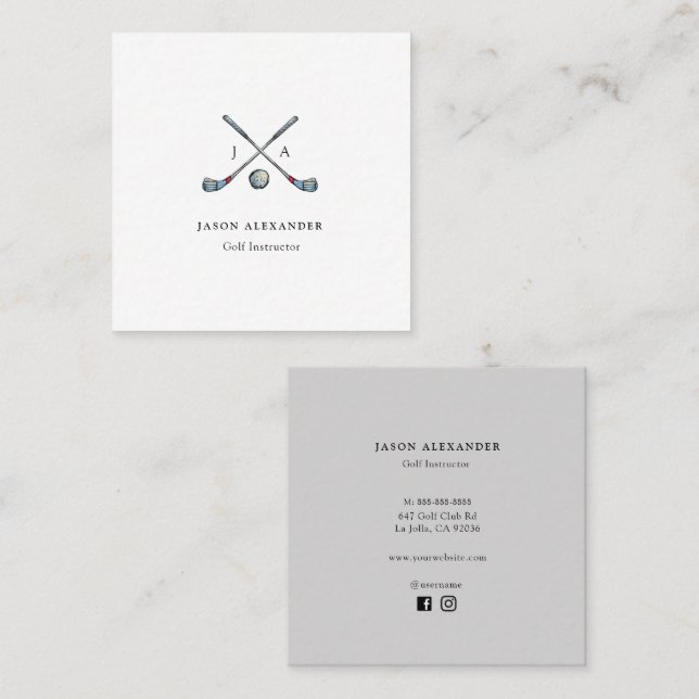 Carte De Visite Carré Clubs de golf Monogram Golf Instructeur Golf pro (Devant / Derrière)