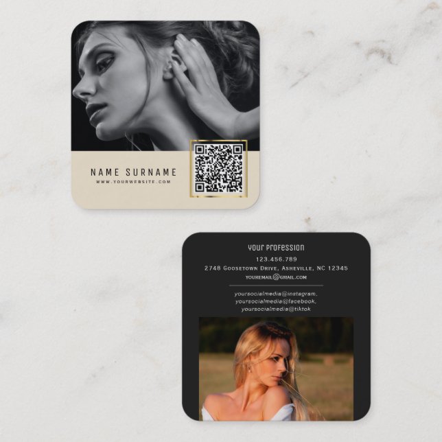Carte De Visite Carré Code-barres scannable beige QR code photo  (Devant / Derrière)