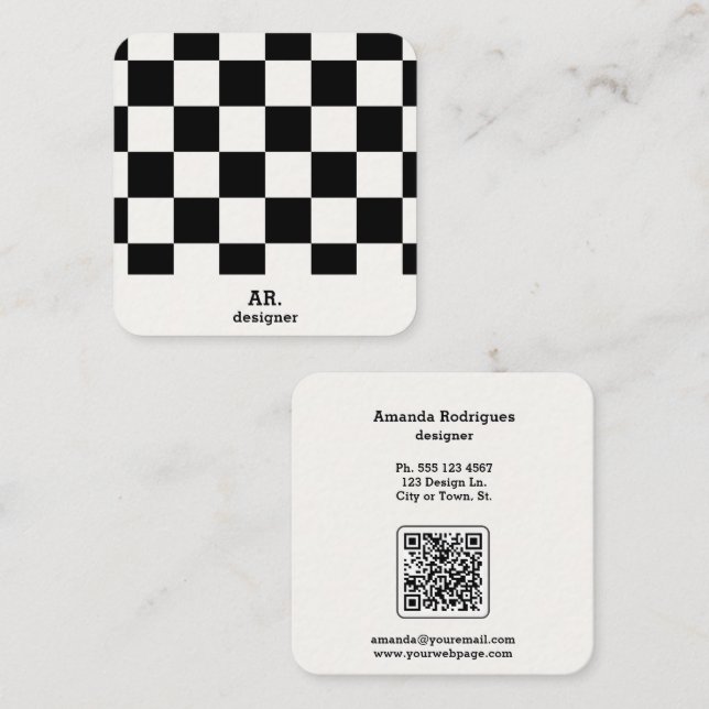 Carte De Visite Carré Code Qr à carreaux noirs et blancs moderne (Devant / Derrière)