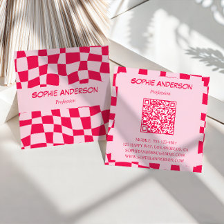 Carte De Visite Carré Code QR à damier rose et rouge rétro