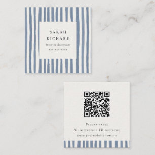 Carte De Visite Carré Code QR à rayures dessinées à la main bleu poussié