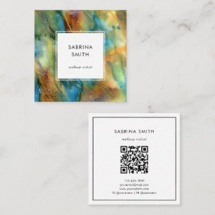Carte De Visite Carré Code QR Abstrait Aquarelle Bleu Marron Moderne