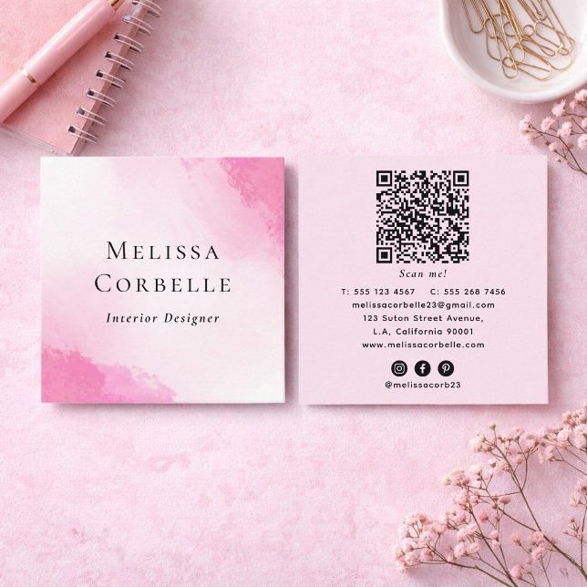 Carte De Visite Carré Code QR Abstrait Aquarelle Rose et Blanc Moderne (Créateur téléchargé)