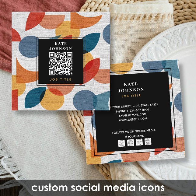 Carte De Visite Carré Code QR Abstrait du milieu du siècle rétro Médias  (Retro Abstract Midcentury QR Code Social Media Square Business Card)