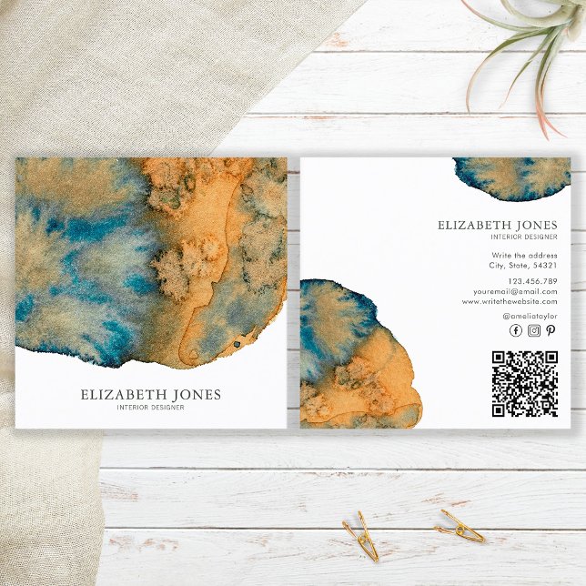 Carte De Visite Carré Code QR Aquarelle Abstrait Terracotta Bleu Unique (Front and Back)