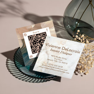 Carte De Visite Carré Code QR aquarelle en marbre blanc de luxe élégant 
