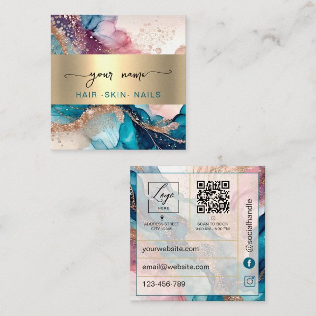 Carte De Visite Carré Code Qr aquarelle et feuille d'or faux (Devant / Derrière)