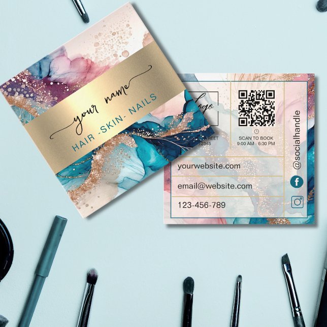 Carte De Visite Carré Code Qr aquarelle et feuille d'or faux (Créateur téléchargé)