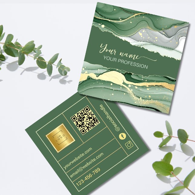 Carte De Visite Carré Code Qr Aquarelle Vert Sauge Or (Créateur téléchargé)
