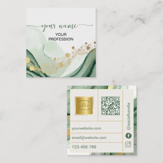Carte De Visite Carré Code Qr Aquarelle Vert Sauge Or (Devant / Derrière)