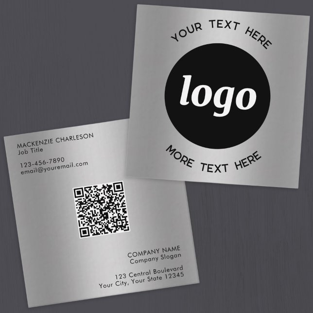 Carte De Visite Carré Code QR argent simple logo et texte (Simple logo custom text QR code siiver metallic effect business branding promotional business cards)