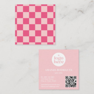 Carte De Visite Carré Code QR avec logo à carreaux rose