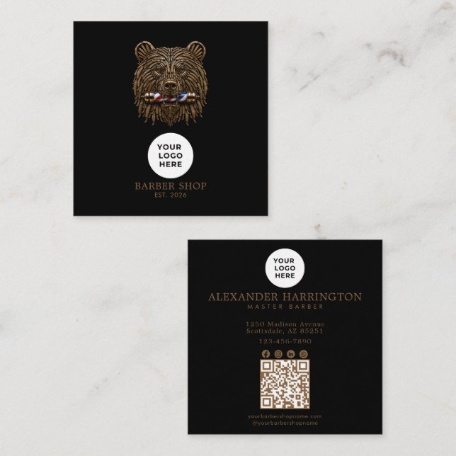 Carte De Visite Carré Code QR Barbershop Bronze Bear Professionnel (Devant / Derrière)