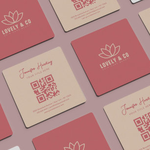 Carte De Visite Carré Code QR Beauté Crème Rose Poussiéreuse Minimaliste