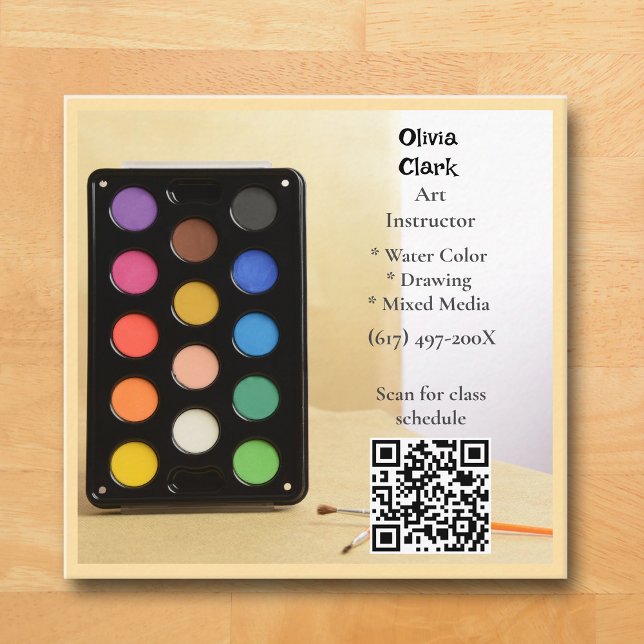 Carte De Visite Carré Code QR Beige Professeur d'art Éducateur Enseignan (Beige Art Business Card )