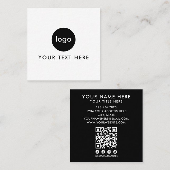 Carte De Visite Carré Code QR blanc et noir moderne Ajouter un logo Mini (Devant / Derrière)
