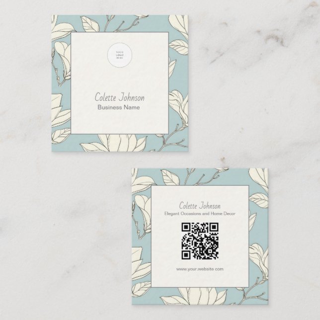 Carte De Visite Carré Code QR botanique élégant (Devant / Derrière)