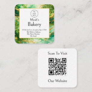Carte De Visite Carré Code QR Boulangerie Luxe Vert Or Aquarelle 