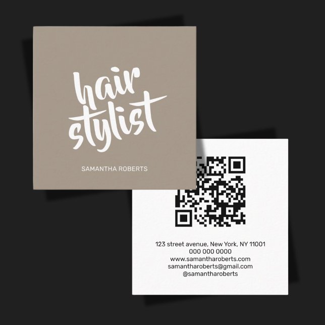 Carte De Visite Carré Code QR brun clair écriture coiffeur moderne  (Créateur téléchargé)