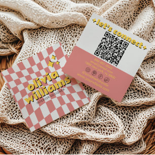 Carte De Visite Carré Code QR coloré rétro gras groovy à carreaux bohème