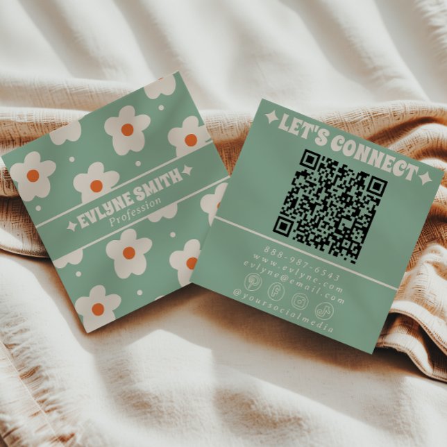 Carte De Visite Carré Code QR Crème Vert Rétro Fleur Groovy Tendance Amu (Créateur téléchargé)