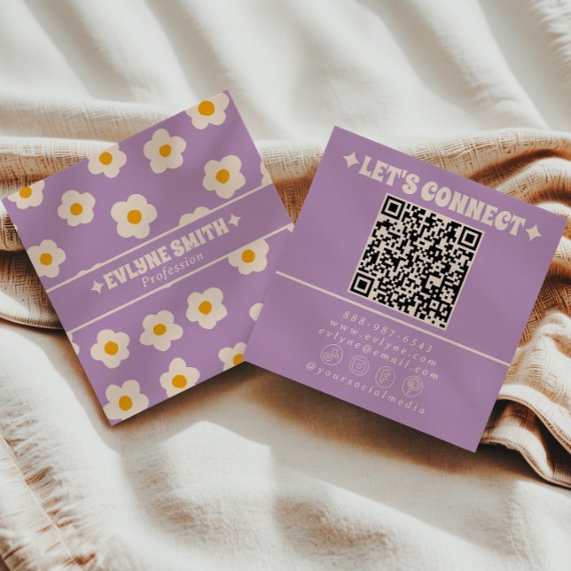 Carte De Visite Carré Code QR crème violet rétro Fleur Groovy Branché  (Créateur téléchargé)