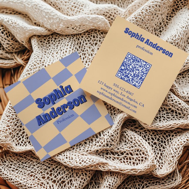 Carte De Visite Carré Code QR damier rétro moderne (Créateur téléchargé)