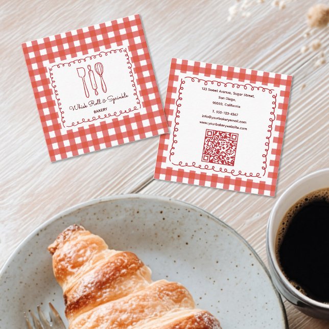 Carte De Visite Carré Code QR de boulangerie Gingham Rustique Fermière (Créateur téléchargé)